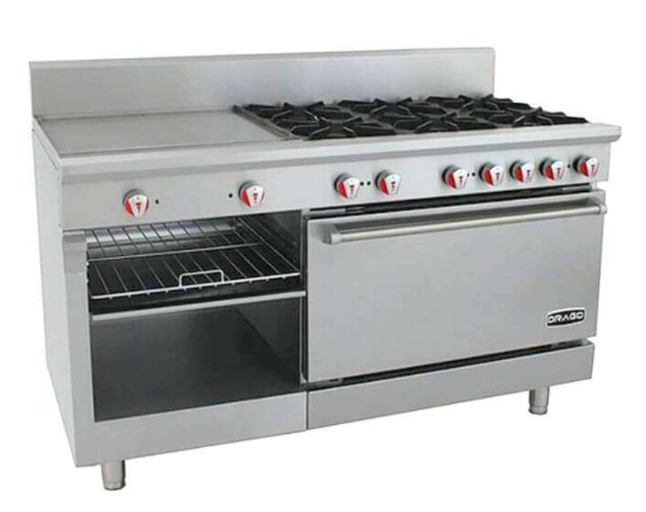 ESTUFA DE 6 QUEMADORES CON PLANCHA GRATINADOR Y HORNO MODELO CG-61PD MARCA DRAGO