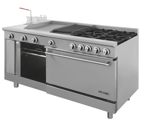 ESTUFA CON 4 QUEMADORES, HORNO, ASADOR DE 1 PIE, PLANCHA DE 2 PIER, FREIDOR Y GRATINADOR MODELO UNIVERSAL STD MARCA DRAGO