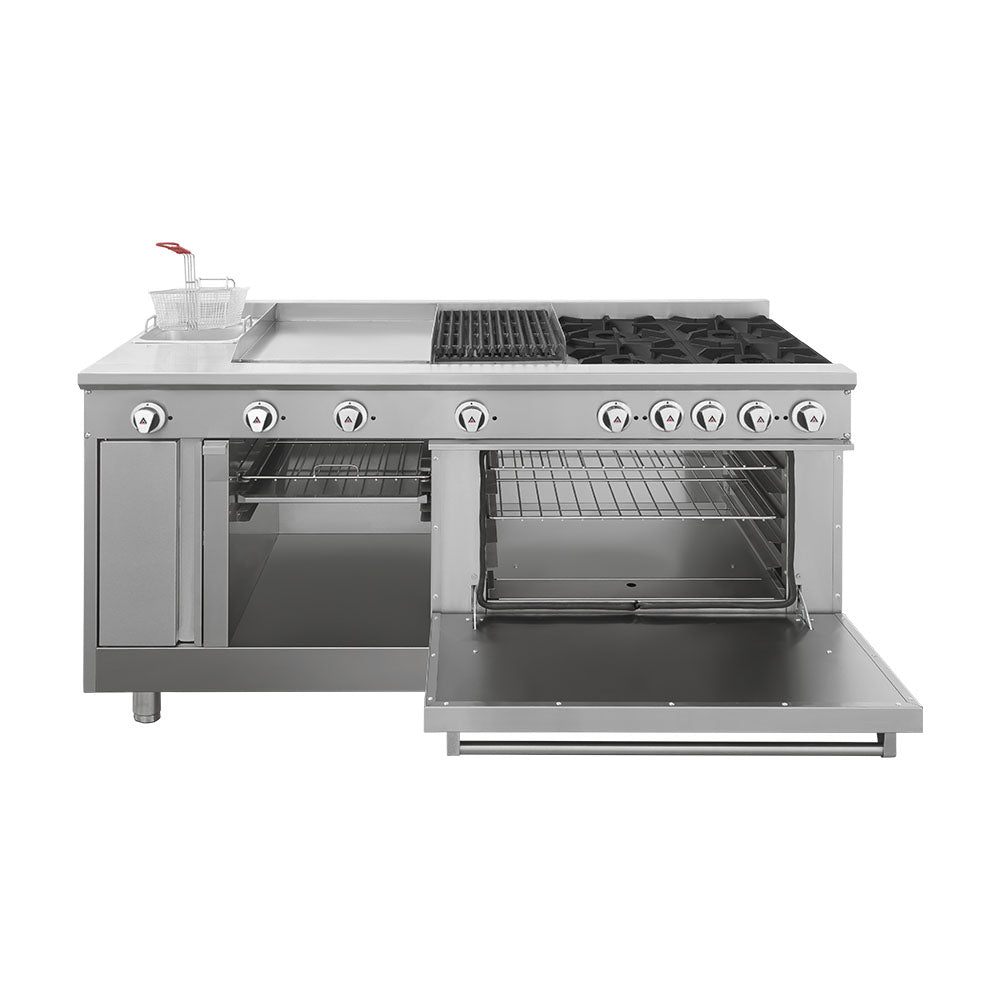 ESTUFA CON 4 QUEMADORES, HORNO, ASADOR DE 1 PIE, PLANCHA DE 2 PIER, FREIDOR Y GRATINADOR MODELO UNIVERSAL STD MARCA DRAGO