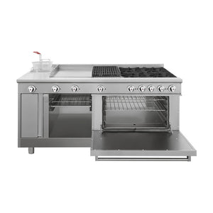 ESTUFA CON 4 QUEMADORES, HORNO, ASADOR DE 1 PIE, PLANCHA DE 2 PIER, FREIDOR Y GRATINADOR MODELO UNIVERSAL STD MARCA DRAGO