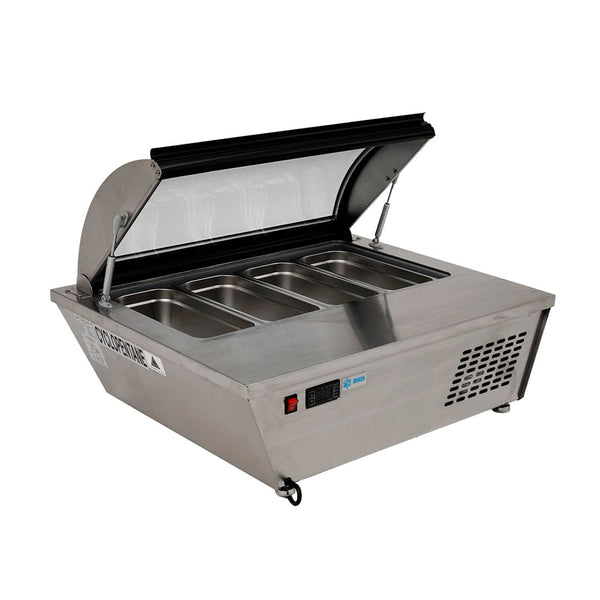 Base Refrigerada De Sobre Mesa MIGSA RTD-67L Con Tapa Cristal Curvo para 4 insertos Acero Inoxidable