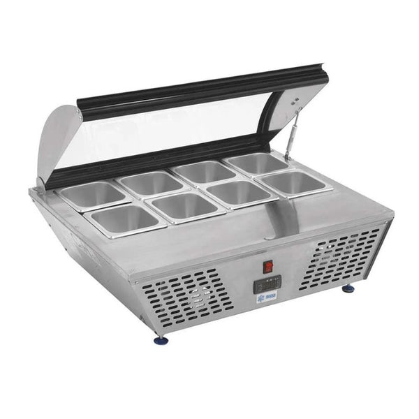 Base Refrigerada De Sobre Mesa MIGSA RTW-67L Con Tapa Cristal Curvo para 8 insertos Acero Inoxidable